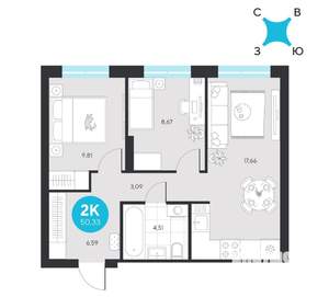 2-к квартира, строящийся дом, 50м2, 9/23 этаж
