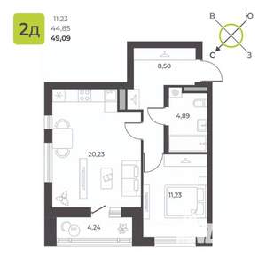1-к квартира, строящийся дом, 49м2, 4/23 этаж