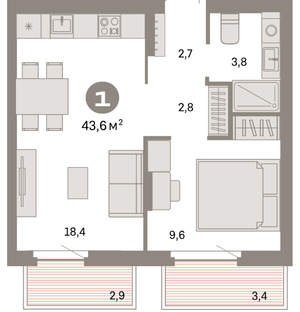1-к квартира, вторичка, 44м2, 2/9 этаж