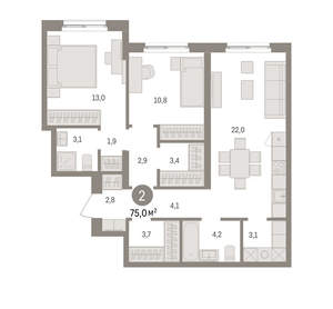 2-к квартира, вторичка, 75м2, 3/15 этаж