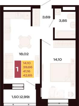 1-к квартира, вторичка, 43м2, 15/30 этаж