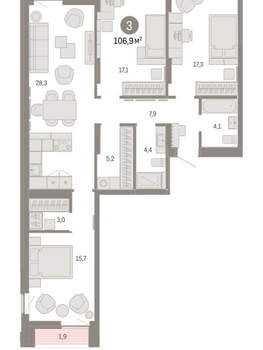 3-к квартира, вторичка, 107м2, 8/16 этаж