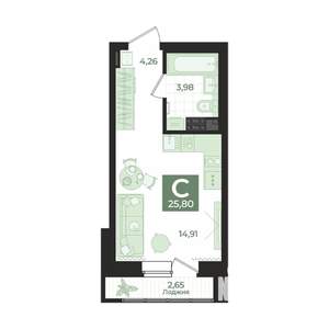 Студия квартира, вторичка, 26м2, 6/23 этаж