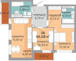 3-к квартира, вторичка, 66м2, 13/24 этаж