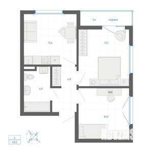 2-к квартира, вторичка, 45м2, 15/15 этаж