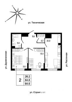 2-к квартира, вторичка, 63м2, 1/19 этаж