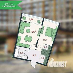 1-к квартира, вторичка, 48м2, 6/13 этаж
