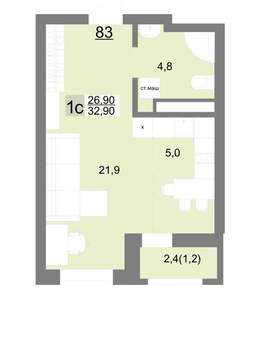 Студия квартира, вторичка, 33м2, 12/26 этаж