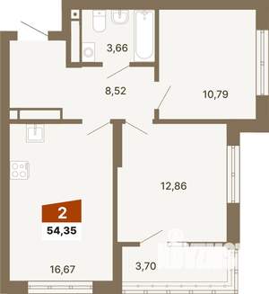 2-к квартира, строящийся дом, 54м2, 20/23 этаж