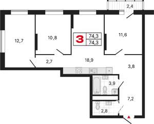 3-к квартира, строящийся дом, 77м2, 4/25 этаж