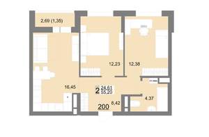 2-к квартира, вторичка, 55м2, 20/22 этаж
