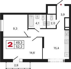 2-к квартира, строящийся дом, 52м2, 19/25 этаж