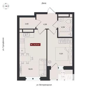 1-к квартира, строящийся дом, 44м2, 5/24 этаж