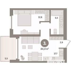 1-к квартира, вторичка, 44м2, 16/24 этаж