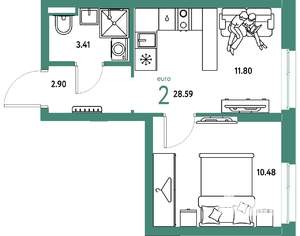 2-к квартира, вторичка, 29м2, 9/24 этаж