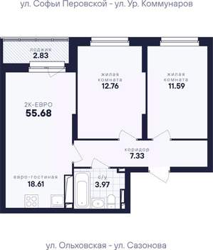 2-к квартира, вторичка, 56м2, 11/18 этаж