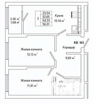 2-к квартира, строящийся дом, 53м2, 18/25 этаж