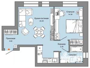 1-к квартира, вторичка, 50м2, 2/6 этаж