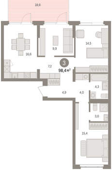 3-к квартира, вторичка, 98м2, 2/16 этаж