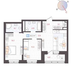 2-к квартира, вторичка, 62м2, 4/25 этаж