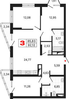 3-к квартира, вторичка, 92м2, 7/25 этаж