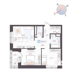 3-к квартира, строящийся дом, 76м2, 14/25 этаж