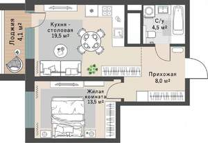 1-к квартира, строящийся дом, 48м2, 24/29 этаж