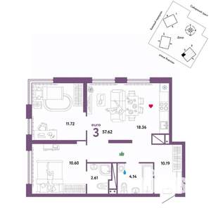 3-к квартира, вторичка, 58м2, 24/32 этаж