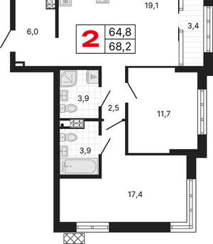 2-к квартира, вторичка, 68м2, 7/15 этаж