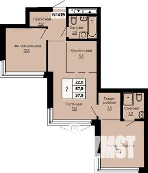 2-к квартира, вторичка, 59м2, 20/32 этаж