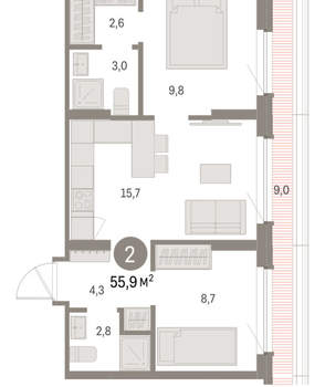 2-к квартира, вторичка, 56м2, 7/9 этаж