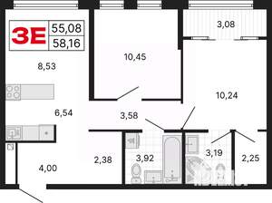3-к квартира, вторичка, 58м2, 22/25 этаж