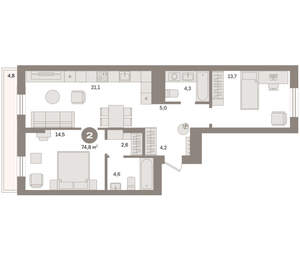2-к квартира, вторичка, 75м2, 9/9 этаж