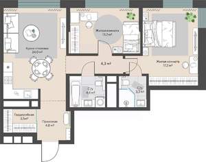2-к квартира, строящийся дом, 77м2, 4/30 этаж