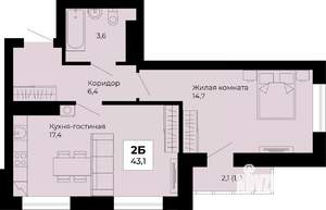 1-к квартира, строящийся дом, 43м2, 22/25 этаж