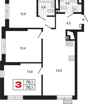 3-к квартира, вторичка, 76м2, 9/15 этаж