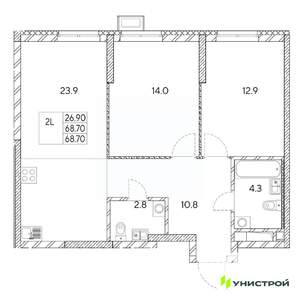 2-к квартира, вторичка, 69м2, 19/31 этаж