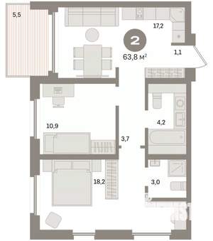 2-к квартира, вторичка, 64м2, 13/24 этаж