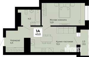 1-к квартира, строящийся дом, 40м2, 22/25 этаж