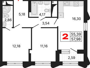 2-к квартира, вторичка, 58м2, 18/25 этаж