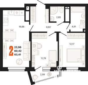 2-к квартира, строящийся дом, 63м2, 21/25 этаж