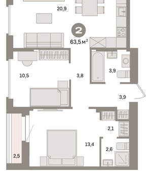 2-к квартира, вторичка, 64м2, 3/16 этаж