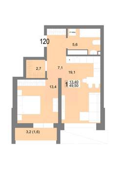 1-к квартира, вторичка, 50м2, 19/25 этаж