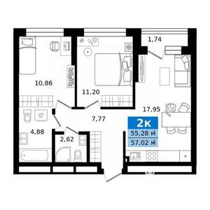 2-к квартира, строящийся дом, 57м2, 19/23 этаж