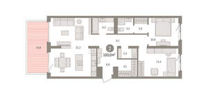 2-к квартира, вторичка, 103м2, 2/15 этаж