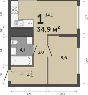 1-к квартира, вторичка, 35м2, 29/30 этаж