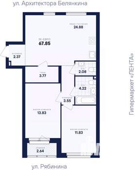 2-к квартира, вторичка, 68м2, 9/26 этаж