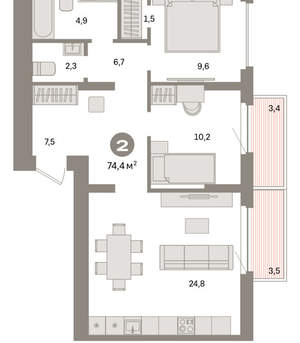 2-к квартира, вторичка, 74м2, 2/9 этаж