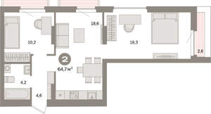 2-к квартира, вторичка, 65м2, 5/16 этаж
