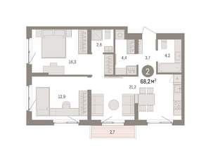 2-к квартира, вторичка, 68м2, 2/9 этаж